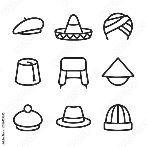 Traditional Headgear Icons. Outline icon set of traditional headgear worldwide: beret, sombrero, turban, fez, ushanka, conical