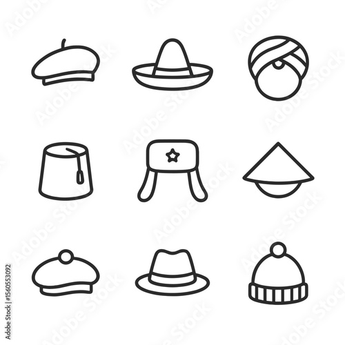 Traditional Headgear Icons. Outline icon set of traditional headgear worldwide: beret, sombrero, turban, fez, ushanka, conical
