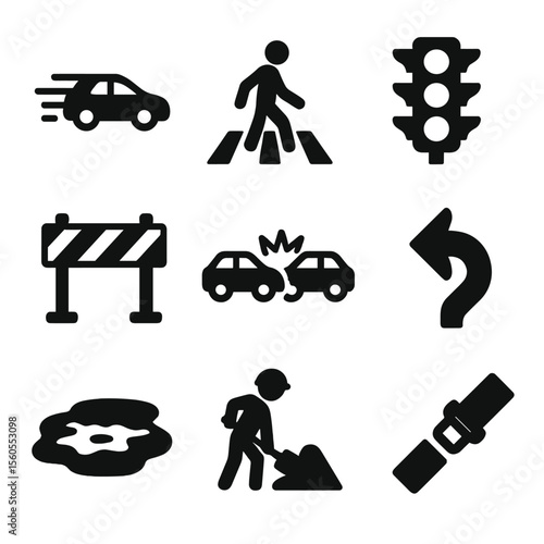 Traffic Danger Icons. Solid, filled icon set of traffic dangers: speeding car, pedestrian crossing, traffic light, roadblock,