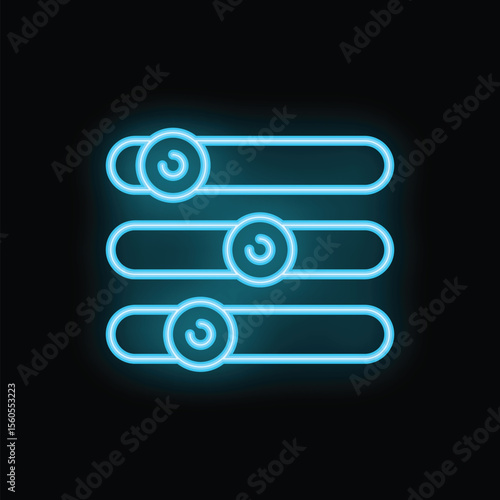 Three blue neon settings sliders glowing on a black background