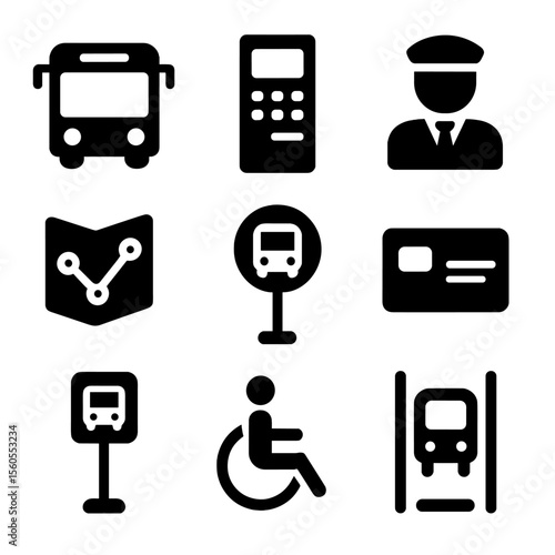 Transport Icons Set. Solid, filled icon set of public transportation elements: city bus, ticket machine, bus driver, route map,