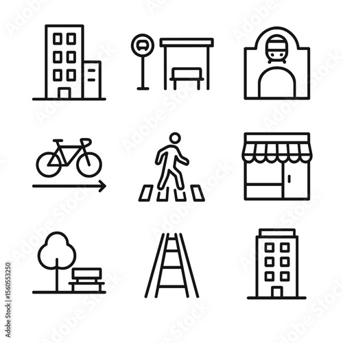 Transit Development Icons. Outline icon set of transit-oriented development zones: mixed-use building, bus stop, train station