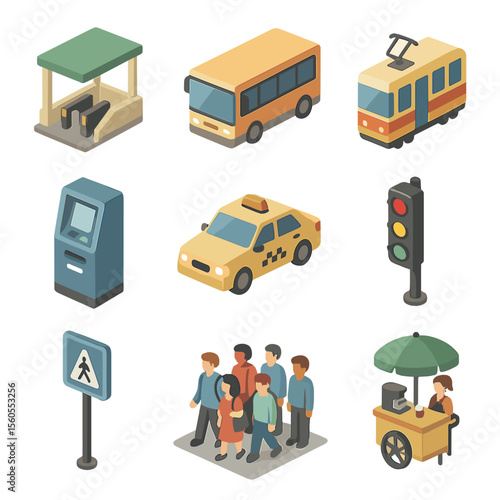 Transportation Icon Grid. Isometric Flat icon set of public transportation hustle: metro entrance, bus, tram, ticket machine, taxi