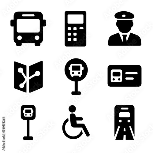 Transport Icons Set. Solid, filled icon set of public transportation elements: city bus, ticket machine, bus driver, route map,
