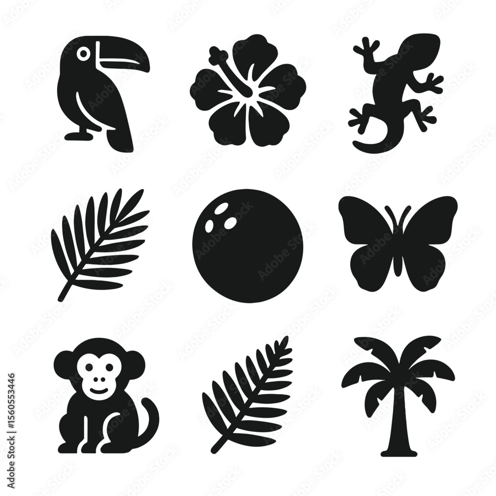 Naklejka premium Tropical Flora and Fauna Icons. Solid, filled icon set of tropical flora and fauna: toucan, hibiscus flower, gecko, palm leaf,