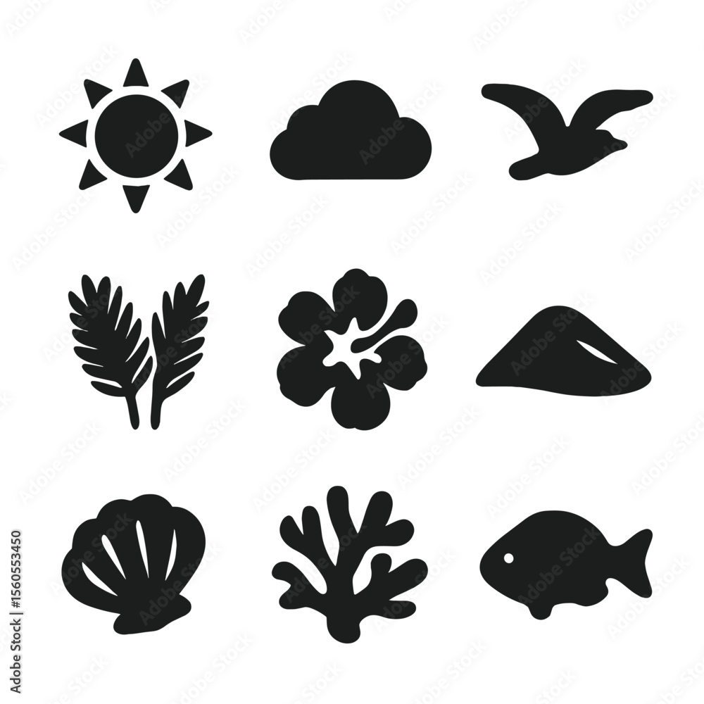 Tropical Nature Icons. Solid, filled icon set of tropical nature: sun, cloud, seagull, palm leaves, tropical flower, sand dune, Tropical Nature Icons. Solid, filled icon set of tropical nature: sun, cloud, seagull, palm leaves, tropical flower, sand dune,