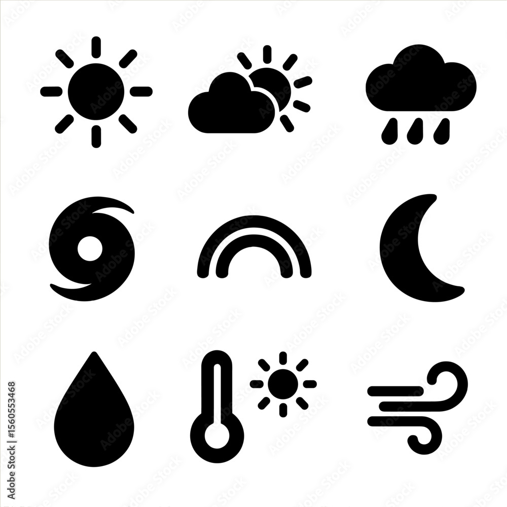 Tropical Weather Icons. Solid, filled icon set of tropical weather icons: sunny day, partly cloudy, rain shower, tropical storm, Tropical Weather Icons. Solid, filled icon set of tropical weather icons: sunny day, partly cloudy, rain shower, tropical storm,