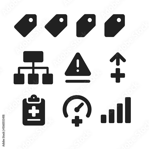 Triage Icons Grid. Solid, filled icon set of emergency medical triage categories: red tag, yellow tag, green tag, black tag,