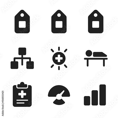 Triage Icons Grid. Solid, filled icon set of emergency medical triage categories: red tag, yellow tag, green tag, black tag,