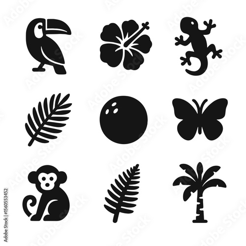 Tropical Flora and Fauna Icons. Solid, filled icon set of tropical flora and fauna: toucan, hibiscus flower, gecko, palm leaf,
