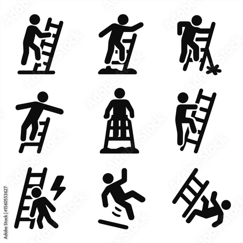 Unsafe Ladder Icons. Solid, filled icon set of unsafe ladder scenarios: broken rung, overreaching, slippery step, leaning too far,