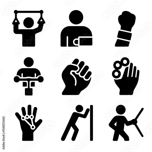 Upper Body Physio Icons. Solid, filled icon set of upper body physio focus: shoulder pulley, arm strap, elbow brace, wrist roller,