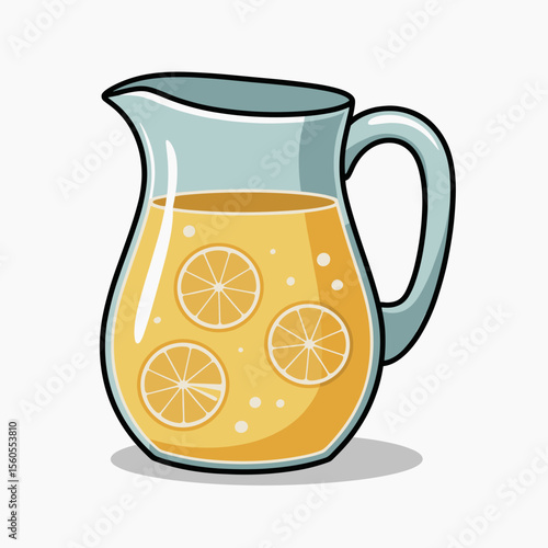 Glass pitcher filled with lemonade and lemon slices on white background  