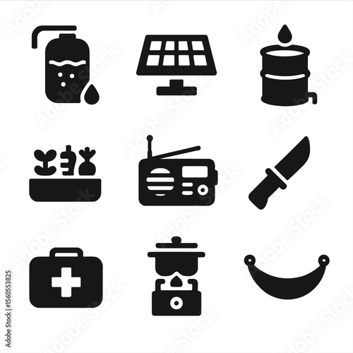 Urban Survival Gear Icons. Solid, filled icon set of urban rooftop survivalist gear: water purifier, solar panel, rainwater