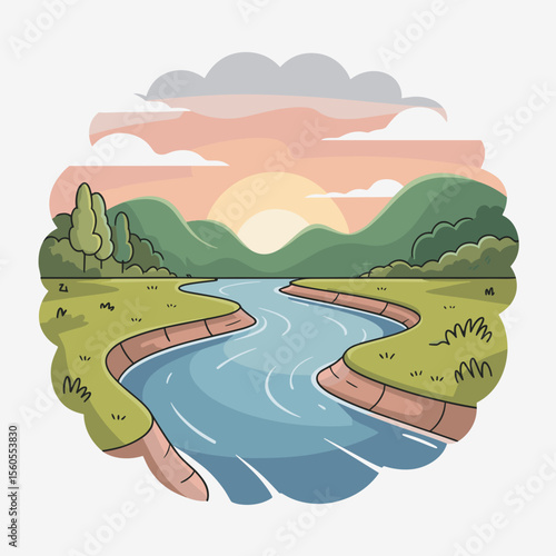 Scenic river bend in a tranquil landscape during sunset  