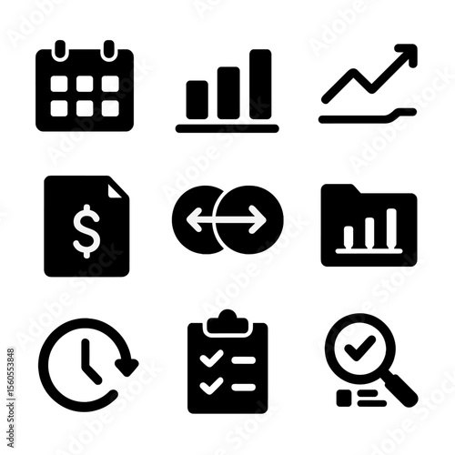 Usage Tracker Icons. Solid, filled icon set of monthly usage tracking: monthly calendar, bar graph, arrow trend, average line,