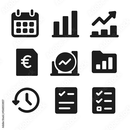 Usage Tracker Icons. Solid, filled icon set of monthly usage tracking: monthly calendar, bar graph, arrow trend, average line,