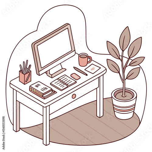 Isometric view of a desk with a computer monitor books pen mug plant and other office supplies on it