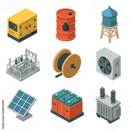 Utility Icon Set. Isometric Flat icon set of power and utilities: generator unit, diesel fuel drum, water tower, electrical