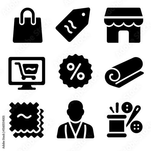 Velvet Shopping Icons. Solid, filled icon set of velvet fabric shopping: shopping bag, price tag, store, online cart, discount,