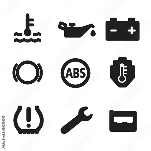 Vehicle Warning Icons. Solid, filled icon set of vehicle engine warnings: overheating icon, low oil light, battery warning, brake