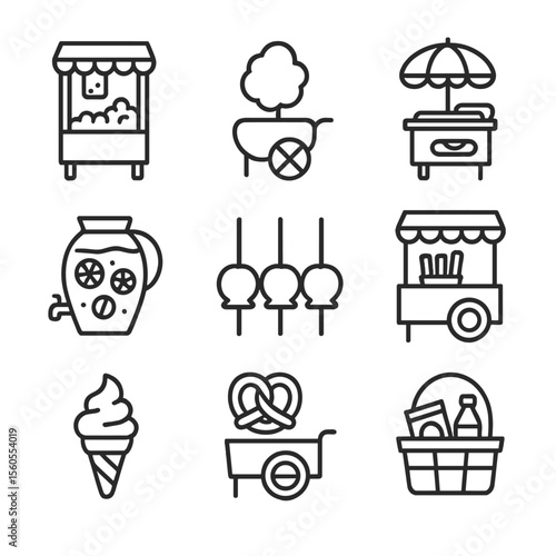 Vendor Stall Icons. Outline icon set of vendor stalls and concessions: popcorn machine, cotton candy cart, hot dog stand, lemonade
