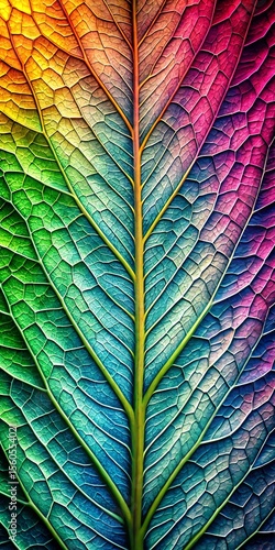 Closeup view of a vibrant leaf with rainbow colored veins showing intricate details