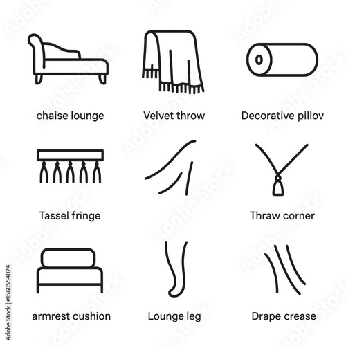 Velvet Throw Icons. Outline icon set of Velvet Throw Styling on Chaise Lounge: chaise lounge silhouette, velvet throw drape,
