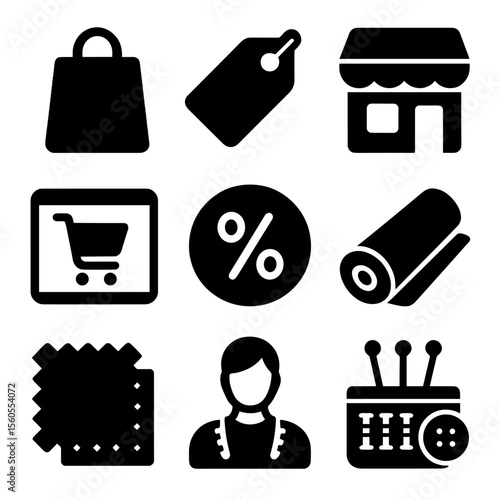 Velvet Shopping Icons. Solid, filled icon set of velvet fabric shopping: shopping bag, price tag, store, online cart, discount,