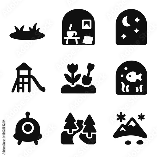 Virtual Pet Environments. Solid, filled icon set of virtual pet environments: grassy field, cozy room, night sky, playground,