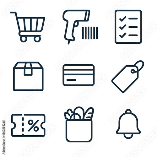 Virtual Shopping Icons. Outline icon set of virtual shopping and grocery orders: shopping cart, barcode scanner, checkmark list,