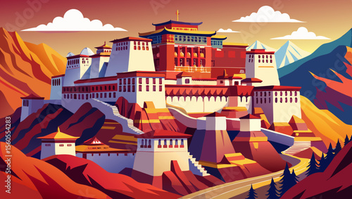 Potala Palace in Lhasa, Tibet towers above the rocky mountainside, with red and white walls stacked in layers, radiating spiritual power and historical depth in high-altitude serenity.