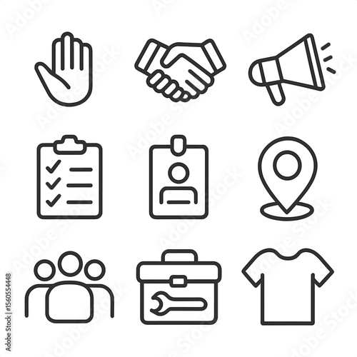 Volunteer Icons Set. Outline icon set of volunteer work: helping hand, handshake, megaphone, clipboard, badge, map pin, group of