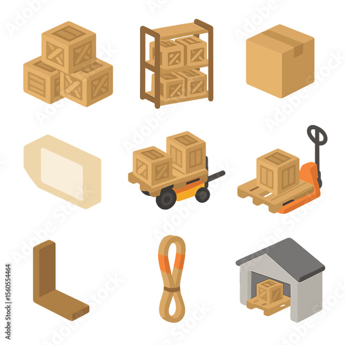 Warehouse Icon Set. Isometric Flat icon set of stacked wooden crates storage: stack of crates, crate shelf, cardboard box, label