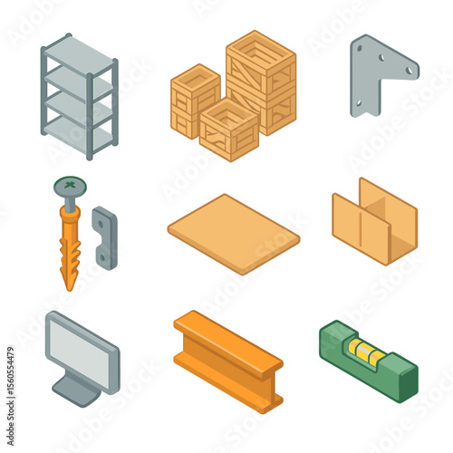 Warehouse Icon Set. Isometric Flat icon set of crate stacking and shelving system: shelving unit, wooden crates, metal bracket,