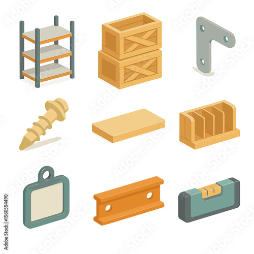 Warehouse Icon Set. Isometric Flat icon set of crate stacking and shelving system: shelving unit, wooden crates, metal bracket,