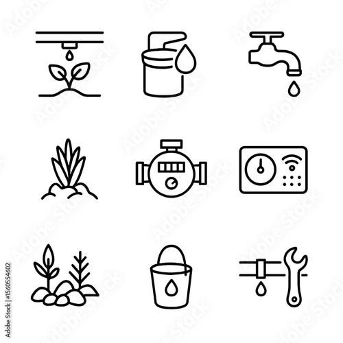 Water Conservation Icons. Outline icon set of water conservation methods: drip irrigation, rainwater harvesting, low-flow faucet,