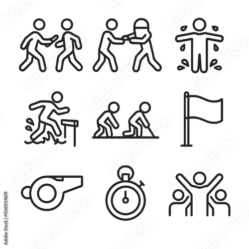 Water Relay Icons. Outline icon set of water relay race challenges: baton exchange, water bucket relay, soaked teammate, hurdle