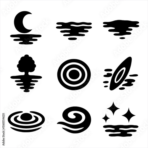Water Reflection Icons. Solid, filled icon set of reflections and water textures: mirrored moon, rippling surface, still lake,