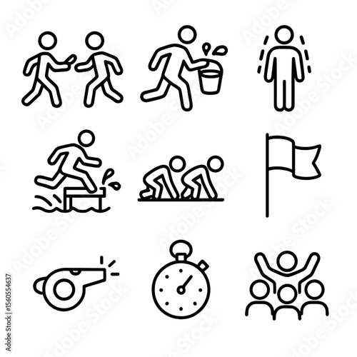 Water Relay Icons. Outline icon set of water relay race challenges: baton exchange, water bucket relay, soaked teammate, hurdle