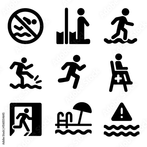 Water Safety Icons. Solid, filled icon set of water safety signs: no diving, deep water, shallow area, slippery floor, no running,