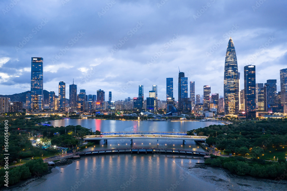 Fototapeta premium Aerial view of landscape in Shenzhen,China city skyline,Shenzhen Bay and Buildings at twilight