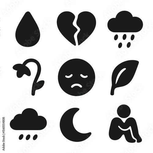 Emotional Icon Grid. Solid, filled icon set of emotional symbols related to downcast eyes: tear drop, broken heart, cloud with