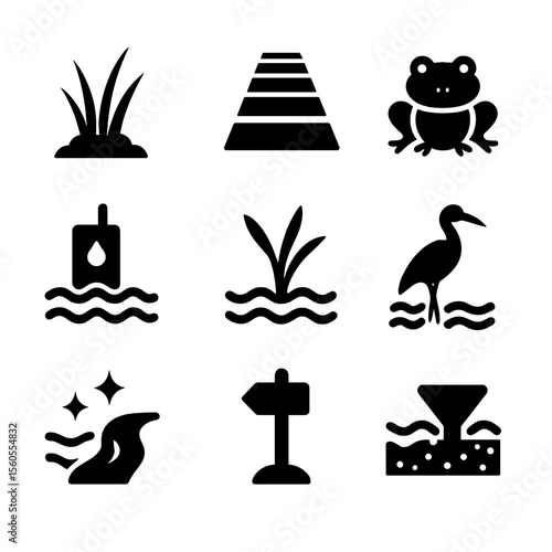 Wetland Restoration Icons. Solid, filled icon set of wetland restoration: marsh grass, boardwalk path, frog symbol, water quality