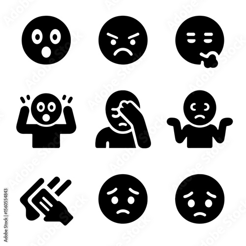Emotional Icons Grid. Solid, filled icon set of emotions after a spill: surprised face, angry face, sigh expression, panicked