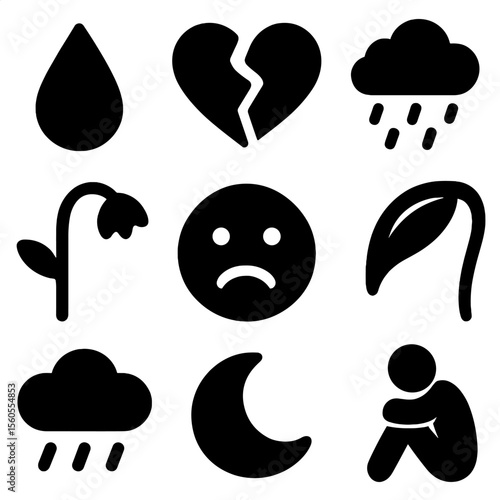 Emotional Icon Grid. Solid, filled icon set of emotional symbols related to downcast eyes: tear drop, broken heart, cloud with