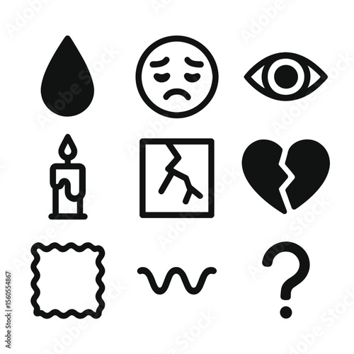 Emotional Icons Grid. Flat icon set of emotional vulnerability: tear drop, furrowed brow, open eye, dripping candle, cracked