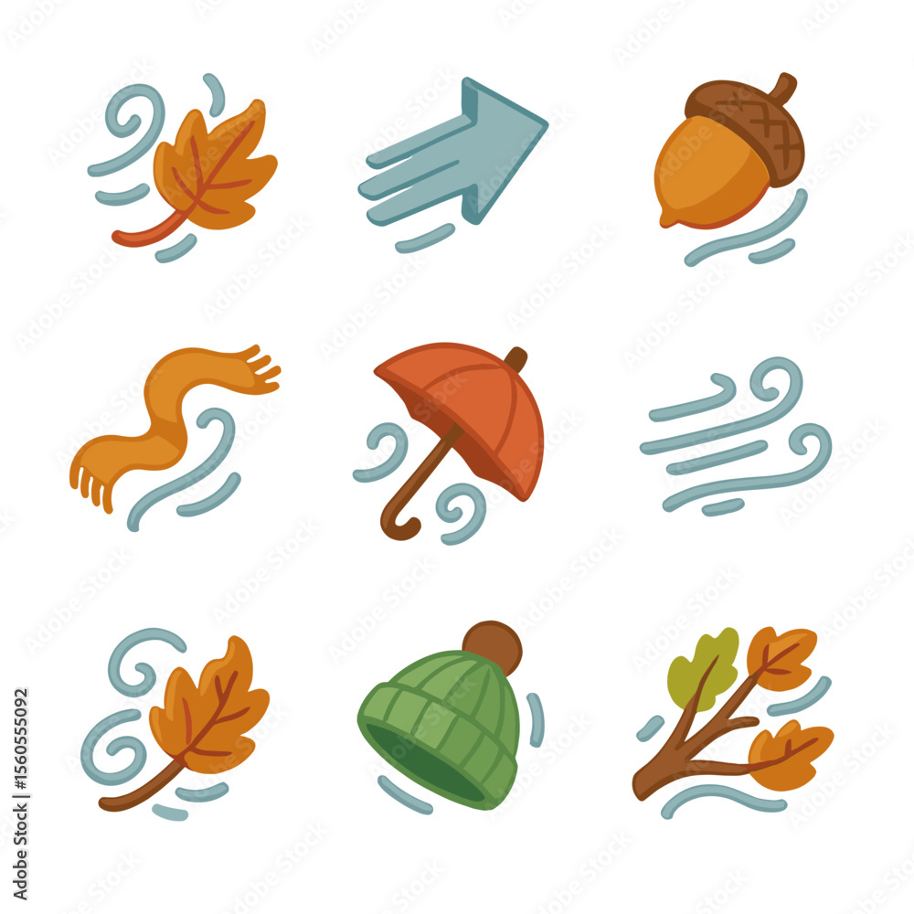 Naklejka premium Windy Autumn Icons. Isometric Flat icon set of autumn windy day: swirling leaf icon, gust arrow, falling acorn, flying scarf,