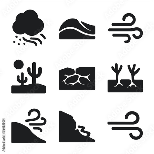 Wind Erosion Icons. Solid, filled icon set of erosion caused by wind: dust storm, sand dune, wind gust, desert, dry soil, barren