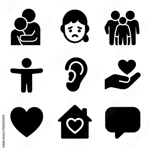 Emotional Support Icons. Solid, filled icon set of emotional support in families: parent hug, child tear, family bond, open arms,